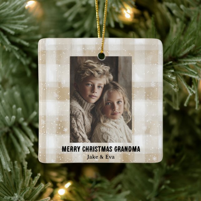 Ornamento De Cerâmica Merry Christmas Grandma | Family Photo Ornament (Árvore)