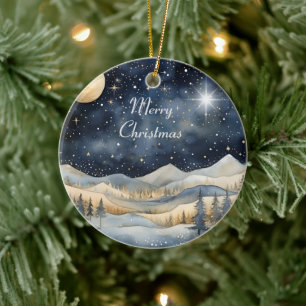Ornamento De Cerâmica Merry Christmas Mountain Sky Star