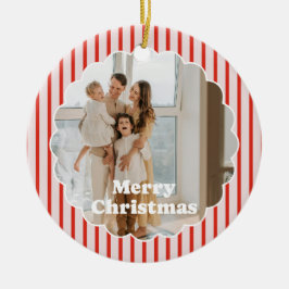 Ornamento De Cerâmica Merry Christmas Red Striped Retro 2 Photo Ornament