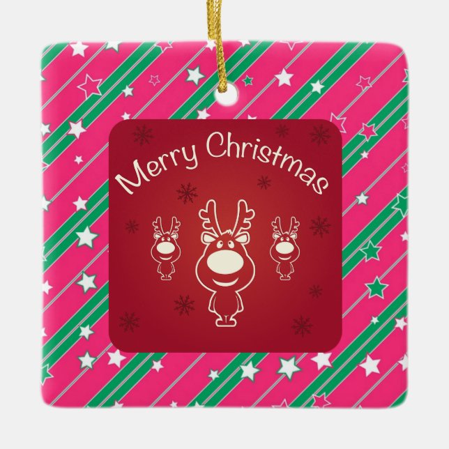 Ornamento De Cerâmica Merry Christmas Reindeer & Abstrato Pattern (Frente)