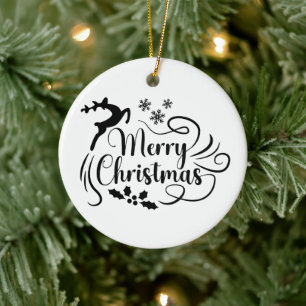 Ornamento De Cerâmica Merry Christmas Reindeer Black & White Ornament