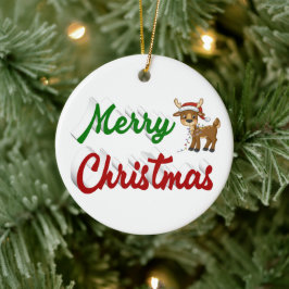 Ornamento De Cerâmica Merry Christmas Reindeer red green script