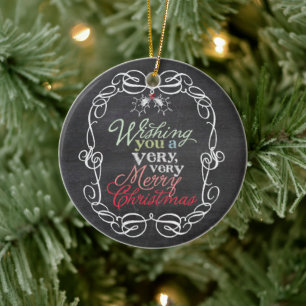 Ornamento De Cerâmica Merry Christmas Rustic Chalkboard Mistletoes Photo