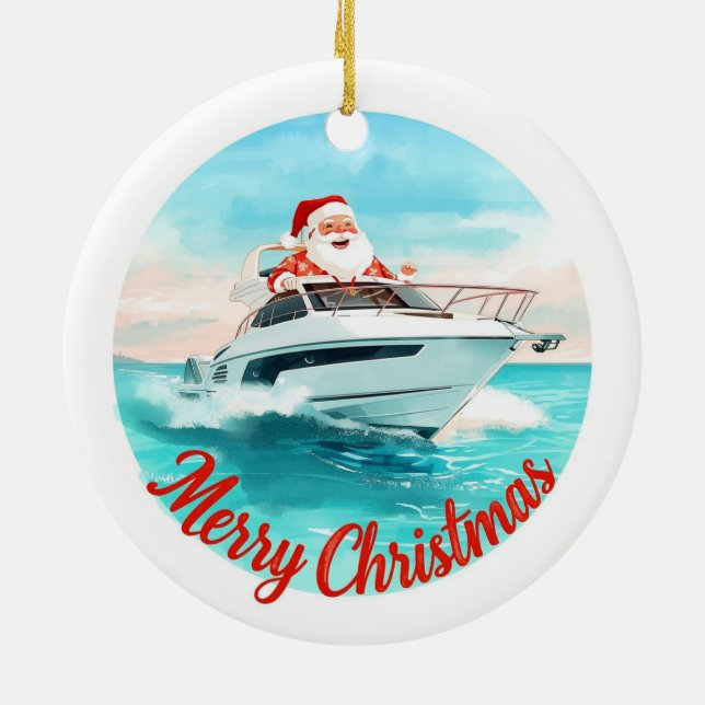 Ornamento De Cerâmica Merry Christmas Santa Sailing on a Yacht (Traseira)