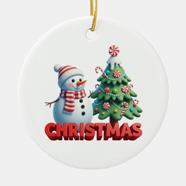 Ornamento De Cerâmica Merry Christmas Snowman and Tree, Snowman (Frente)
