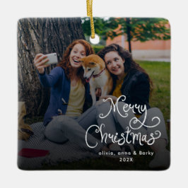Ornamento De Cerâmica Merry Christmas Whimsical Script Family Photo Dog