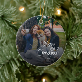 Ornamento De Cerâmica Merry Christmas Whimsical Script Family Photo Dog