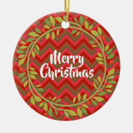 Ornamento De Cerâmica Merry Christmas Wreath e Chevron Retro