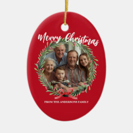 Ornamento De Cerâmica Merry Christmas Wreath Photo Personalized Family N