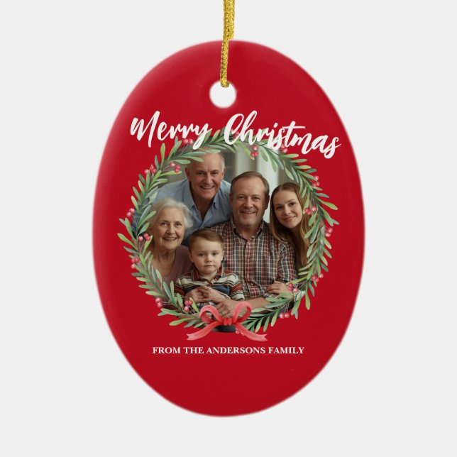 Ornamento De Cerâmica Merry Christmas Wreath Photo Personalized Family N (Frente)