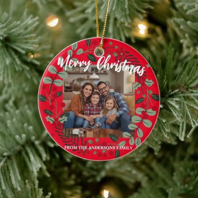 Ornamento De Cerâmica Merry Christmas Wreath Photo Personalized Family N (Árvore)