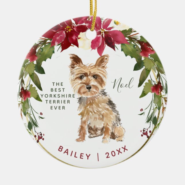 Ornamento De Cerâmica Merry Christmas Yorkshire Terrier | Adicionar Cães (Frente)