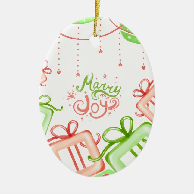 Ornamento De Cerâmica Merry Joy Christmas Greetings with Gifts Design (Frente)