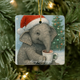 Ornamento De Cerâmica Merry Moments with a Cocoa-Loving Elephant Holiday