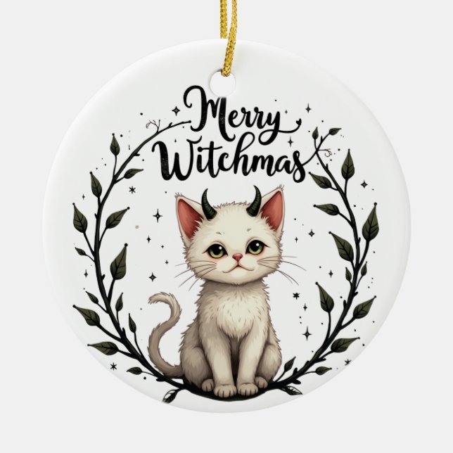 Ornamento De Cerâmica Merry Witchmas - Adorable Cat with Horns Ornament (Frente)