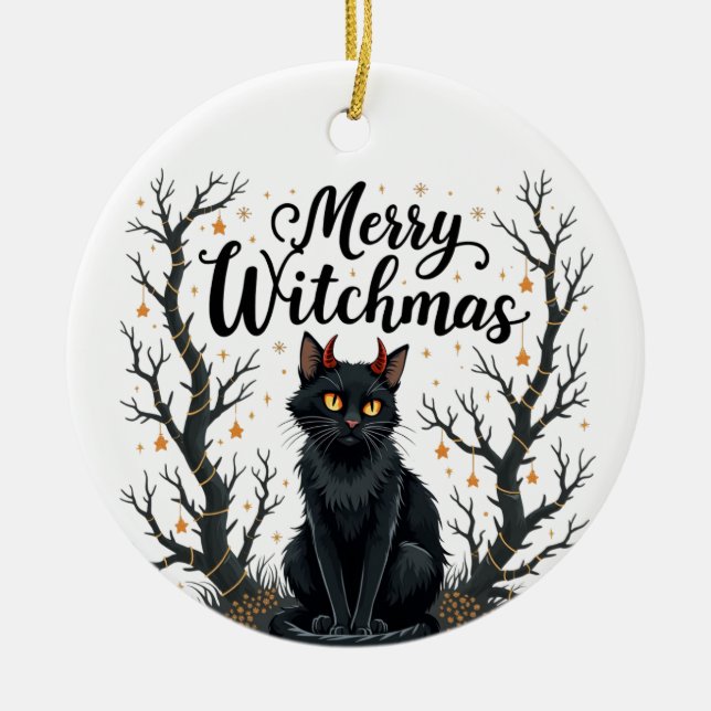 Ornamento De Cerâmica Merry Witchmas Black Cat Ornament (Frente)