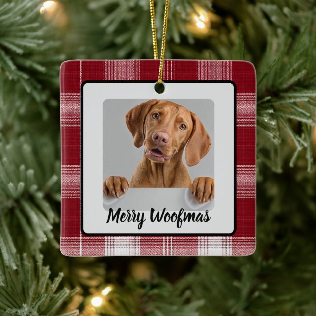 Ornamento De Cerâmica Merry Woofmas Custom Dog Photo Christmas Ornament (Árvore)