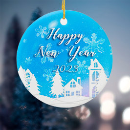 Ornamento De Cerâmica Merry Xmas Ano Novo 2023 Casa Branca Azul Neve