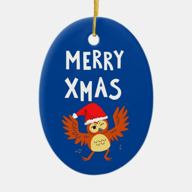 Ornamento De Cerâmica Merry Xmas Dancing Owl (Frente)