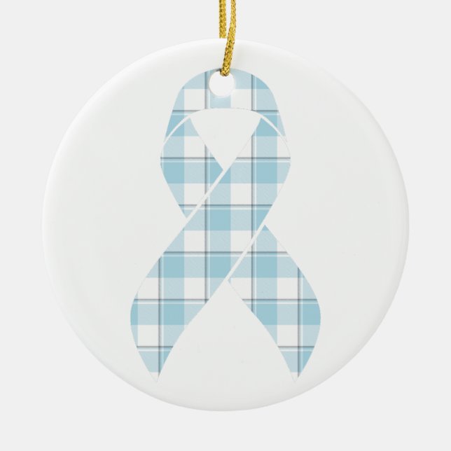 Ornamento De Cerâmica Mesothelioma Awareness Plaid Light Blue Ribbon (Frente)