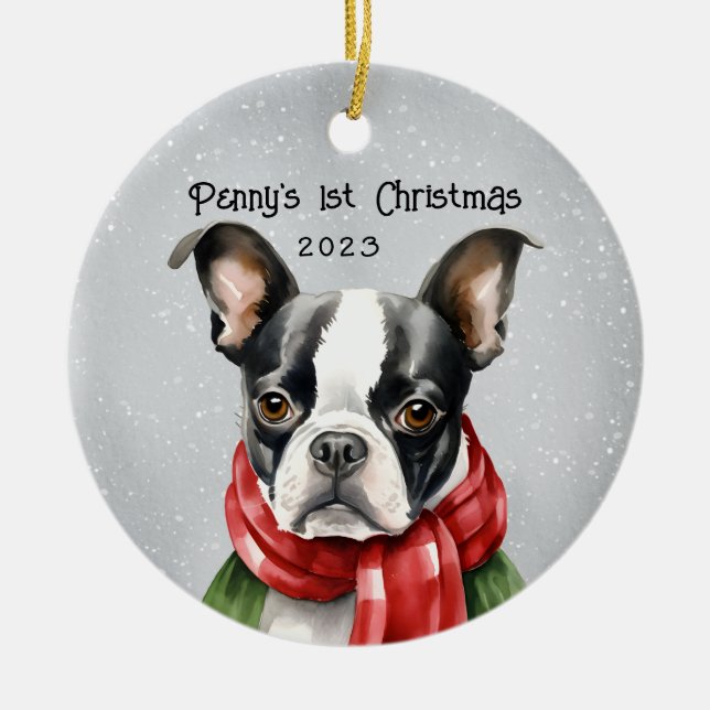Ornamento De Cerâmica Meu Natal de 1rua, Boston Terrier (Frente)