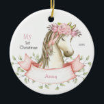 Ornamento De Cerâmica Meu nome de pônei de Natal de 1rua rosa<br><div class="desc">Meu Primeiro Ornamento de Boho Pony de Natal.  Nome e Ano.</div>