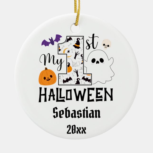 Ornamento De Cerâmica meu primeiro bebê halloween boo, nome personalizad (Frente)