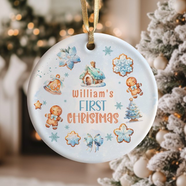 Ornamento De Cerâmica Meu primeiro Floco de Neve Azul de Biscoito de Nat (Criador carregado)