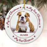 Ornamento De Cerâmica Meu Primeiro Natal - Cachorro Vermelho Cachorro Fo<br><div class="desc">Meu Primeiro Natal! Decorre a árvore ou envie um presente especial com este adorável ornamento personalizado personalizado de fotos de feriado. Adicione a foto do seu cachorro e personalize com nome e ano. O ornamento é de dois lados, você pode fazer fotos diferentes em cada lado. COPYRIGHT © 2020 Judy...</div>