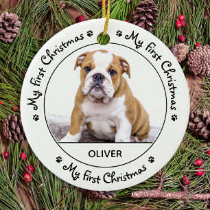 Ornamento De Cerâmica Meu Primeiro Natal - Cão Cachorro Negro Pupido Fot