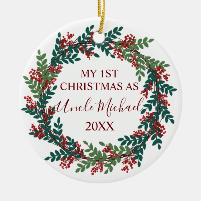 Ornamento De Cerâmica Meu Primeiro Natal como Natal do Tio (Frente)