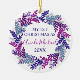 Ornamento De Cerâmica Meu Primeiro Natal como Tio Purple Wreath