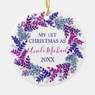 Ornamento De Cerâmica Meu Primeiro Natal como Tio Purple Wreath