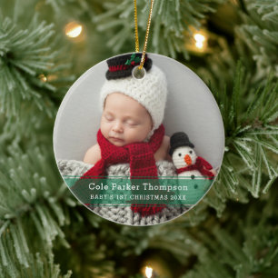 Ornamento De Cerâmica Meu Primeiro Natal Faixa Verde Personalizado Foto 