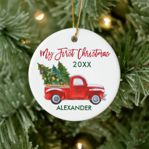 Ornamento De Cerâmica Meu Primeiro Natal Green Red Vintage Truck Baby