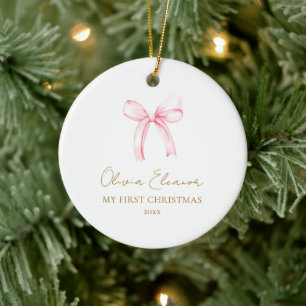 Ornamento De Cerâmica Meu Primeiro Natal Laço Rosa Bebê Menina Lembrança