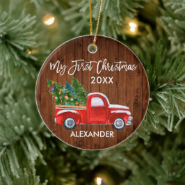 Ornamento De Cerâmica Meu Primeiro Natal, Madeira Vintage Red Truck Baby