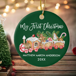 Ornamento De Cerâmica Meu Primeiro Natal Pão de Gengibre Comboio Verde
