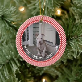 Ornamento De Cerâmica Meu Primeiro Natal Puppy Pet Red Gingham Keepsaame
