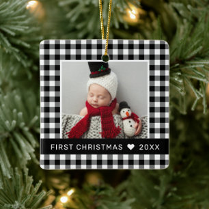 Ornamento De Cerâmica Meu Primeiro Natal Xadrez Preto Búfalo Foto de Beb