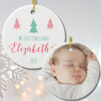 Ornamento De Cerâmica Meu Primeiro Nome e Foto do Bebê de Natal