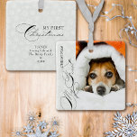 Ornamento De Cerâmica Meu Primeiro Script Vertical de Natal Floco de Fot<br><div class="desc">Meu primeiro ornamento fotográfico de Natal com foto vertical, caligrafia elegante e flocos de neve brancos delicados em uma borda de cinza prateada. O modelo de foto está pronto para que você adicione sua foto e seu texto personalizado no verso. Com exceção do texto manuscrito usado para o Meu Primeiro...</div>