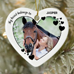 Ornamento De Cerâmica Meus Corações Pertencem A Foto Personalizada De Ca<br><div class="desc">Honre seu melhor amigo com um ornamento personalizado de fotos de cavalos. Esta única marca de seleção de fotos de animais de estimação apresenta uma borda cardíaca, citação "Meu Coração Pertence a". Personalize com fotos favoritas de cavalos, cães ou gatos, e nome. O pedido é de dois lados, você pode...</div>