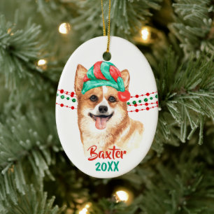 Ornamento De Cerâmica Miçangas de Corgi Santa Hat Holiday