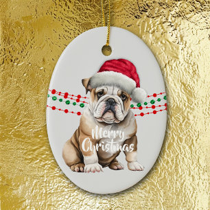Ornamento De Cerâmica Miçangas de Natal do Bulldog Santa Hat