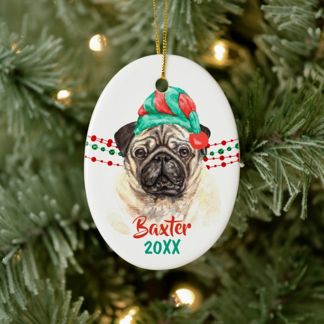 Ornamento De Cerâmica Miçangas de String de Feriado Pug Dog Santa Hat (Árvore)