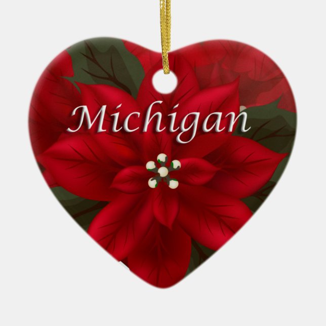 Ornamento De Cerâmica Michigan Poinsettia Heart Keepsasasaing Ornament (Frente)