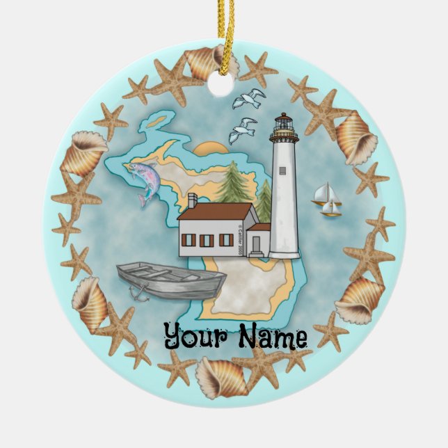 Ornamento De Cerâmica Michigan Shells Lighthouse Ornament (Frente)