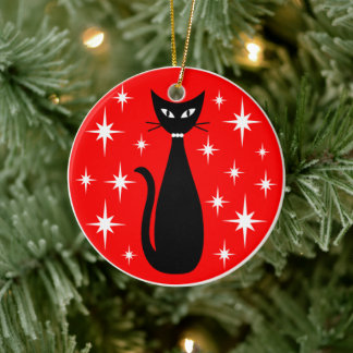 Ornamento De Cerâmica Mid Century Black Cat with White Stars on Red