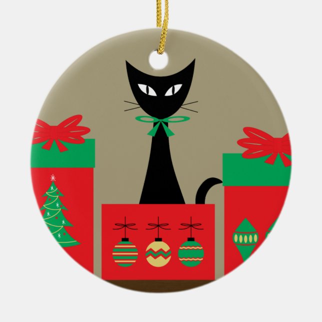 Ornamento De Cerâmica Mid Century Christmas Cat in Box (Frente)